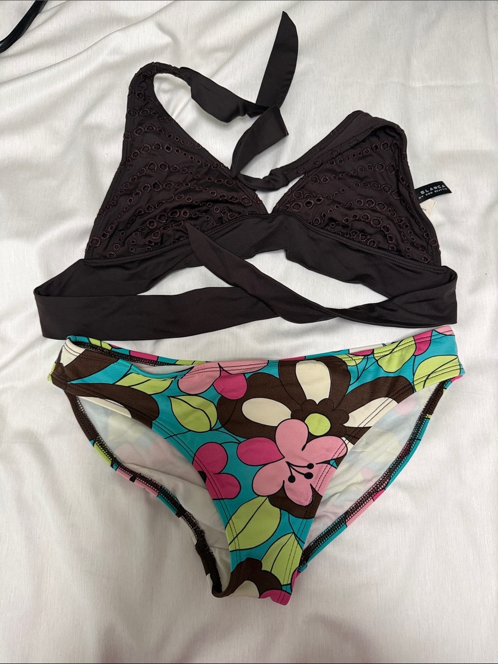 La Blanca Black Eyelet Wrap Bikini Top with Multicolor Floral Bottom